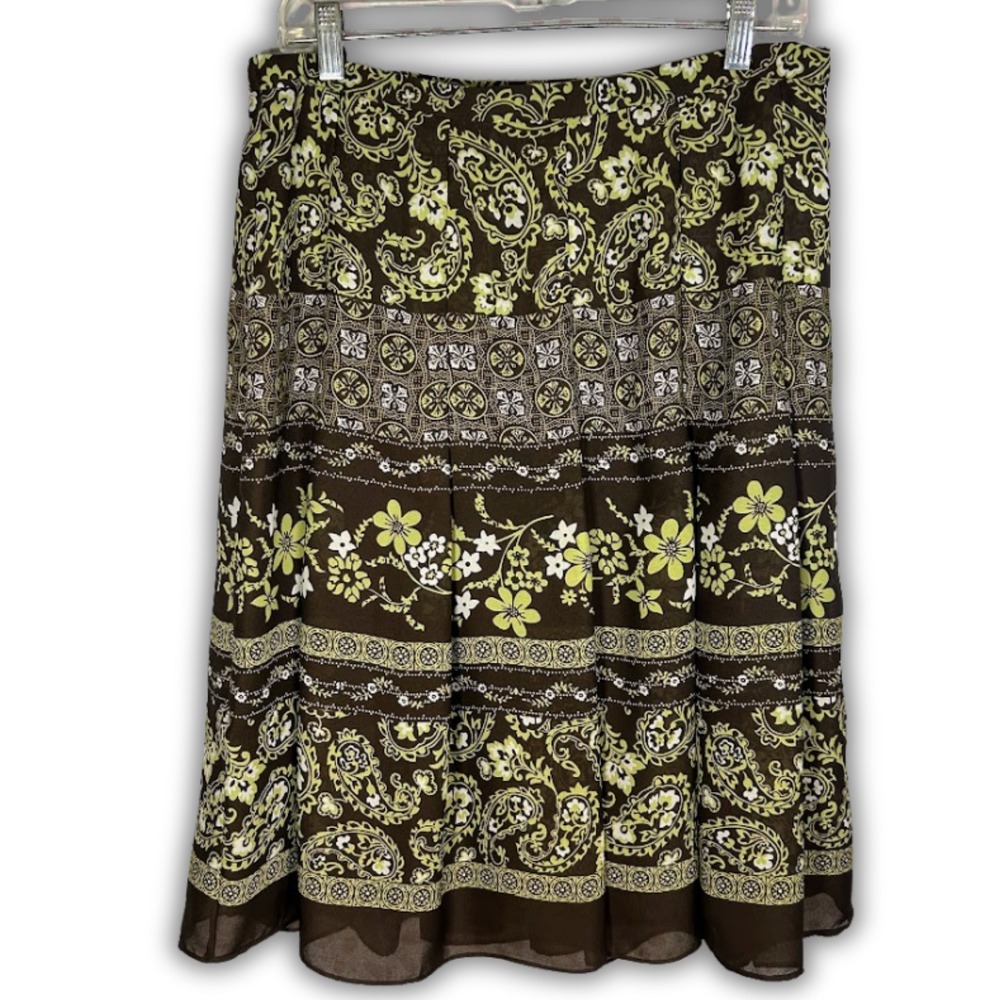 Vintage Style Brown and Lime Green Paisley Floral Tiered Midi Skirt Size‎ 12